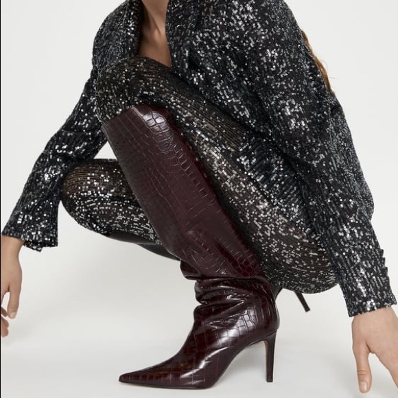 ZARA 100% LEATHER ANIMAL PRINT KNEE HIGH STILETTO BOOTS NEW & TAGS US 6.5 EUR 37 - Picture 4 of 7